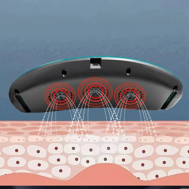 Curved, dark green electric massager emitting red energy waves into an illustrated diagram of human skin cells.