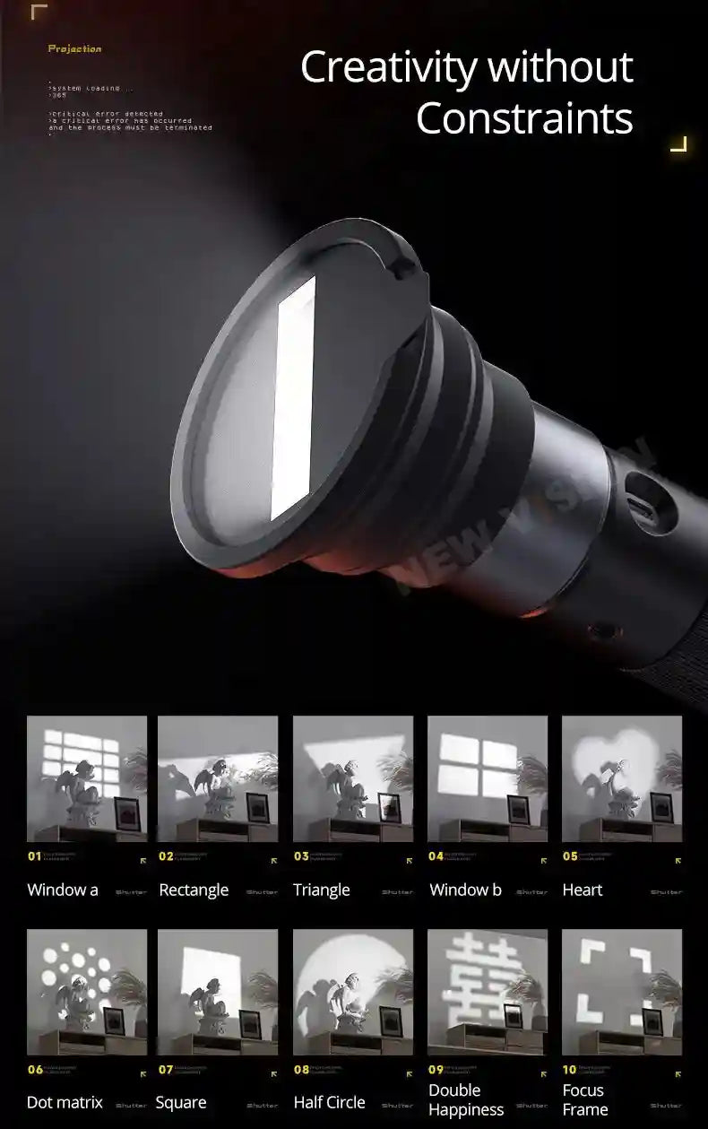 Black handheld light projector with interchangeable filters to cast various geometric shapes and patterns on surfaces.