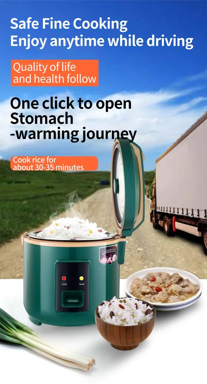 Portable rice cooker with lid open, teal body and cook/warm switch panel