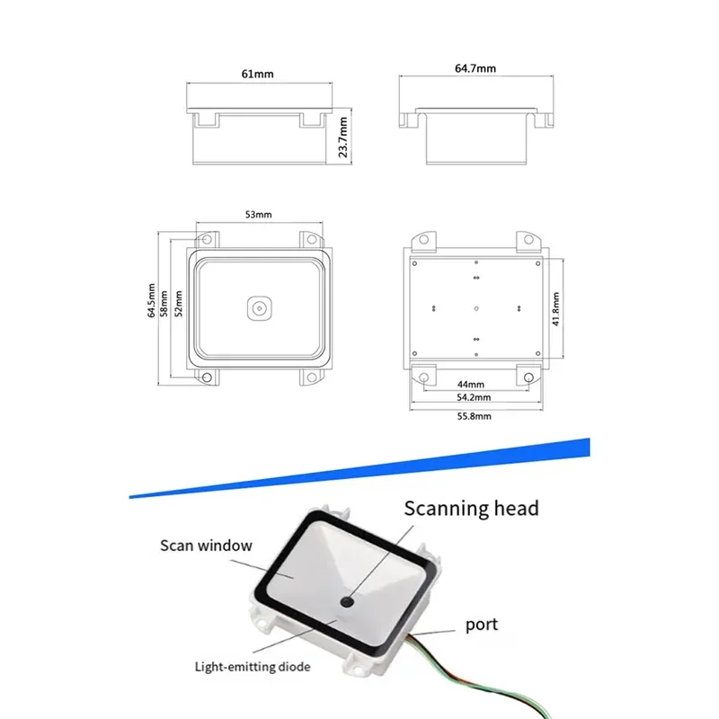 Embedded 2D barcode scanner module size diagram with scanning head and port