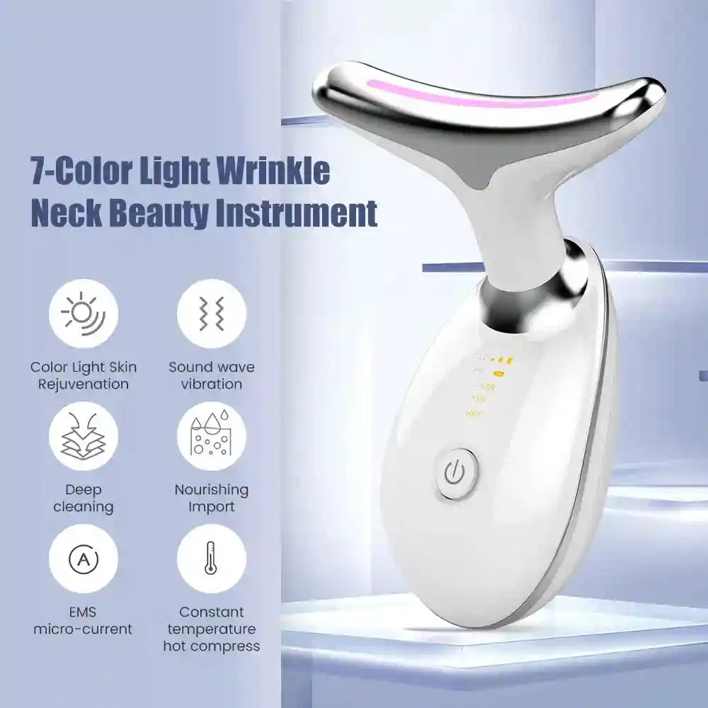 White and silver facial massager with a curved head, LED display, and icons explaining light and vibration functions.