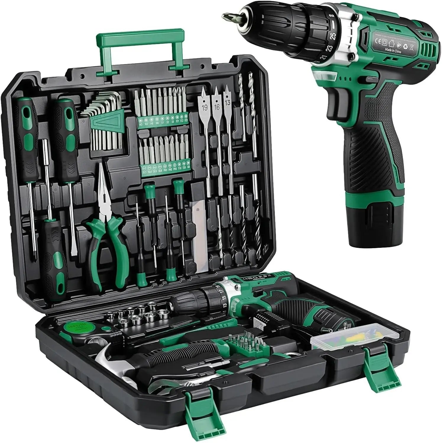 138-Tool Box with Cordless Screwdriver - Extensive Tool and Drill Set w/ 12V Electric Cordless Drill for Repairs and Maintenance
