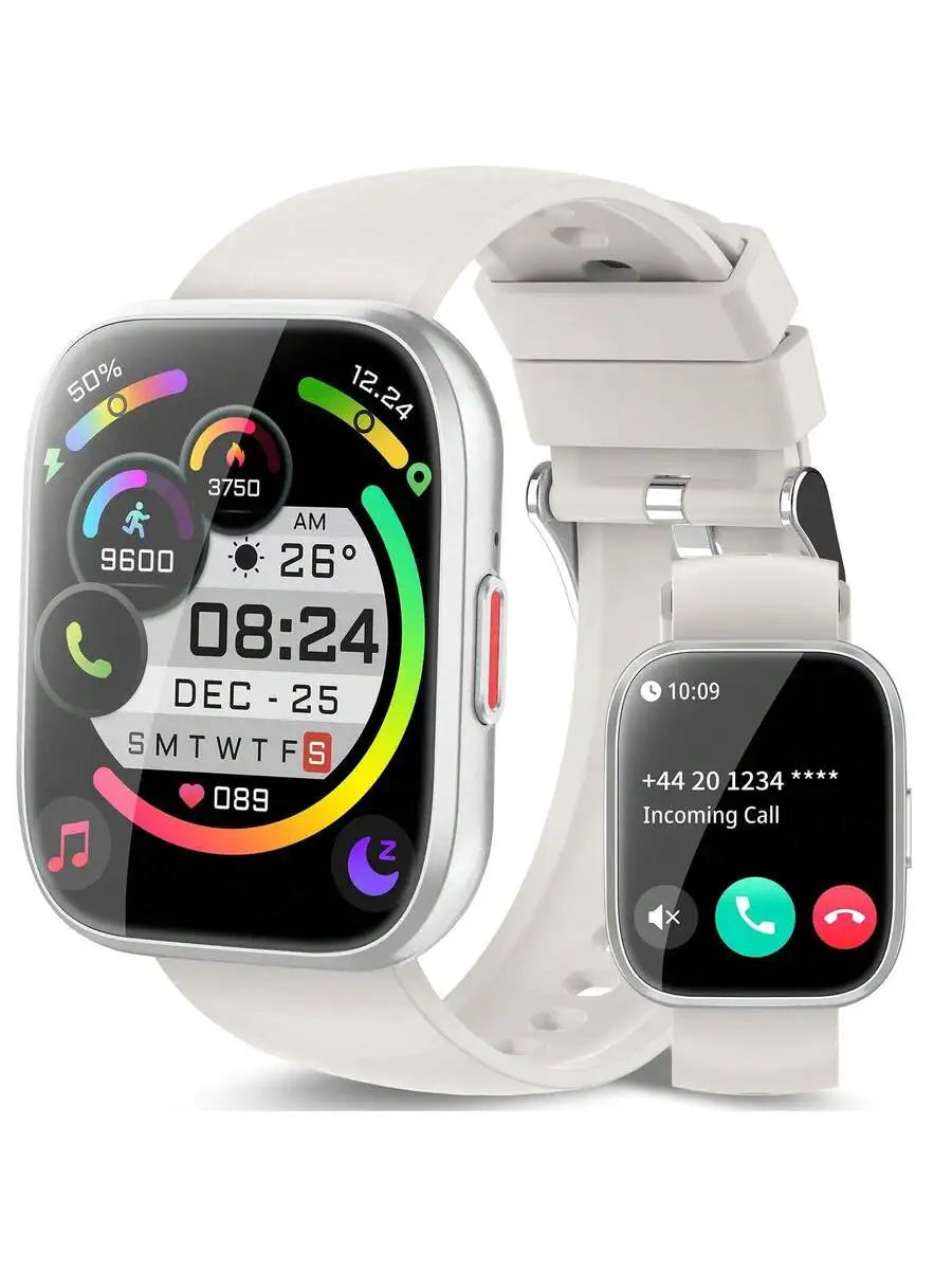 White smartwatch set: main watch face display plus smaller watch showing incoming call