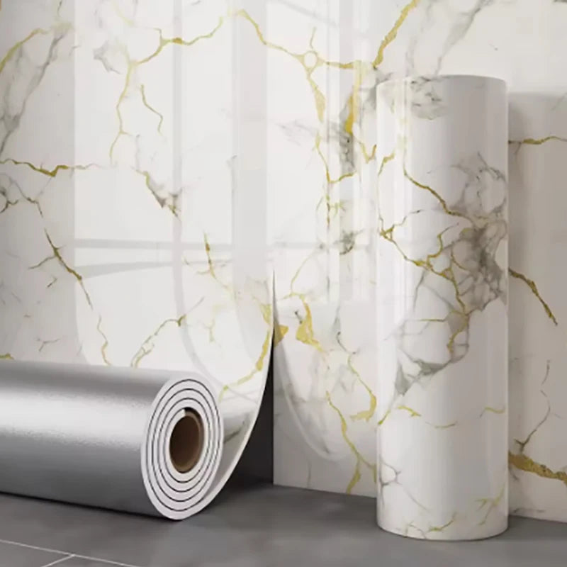 Marble-effect foam self-adhesive wallpaper roll, white with yellow-gold marble veins, tile look