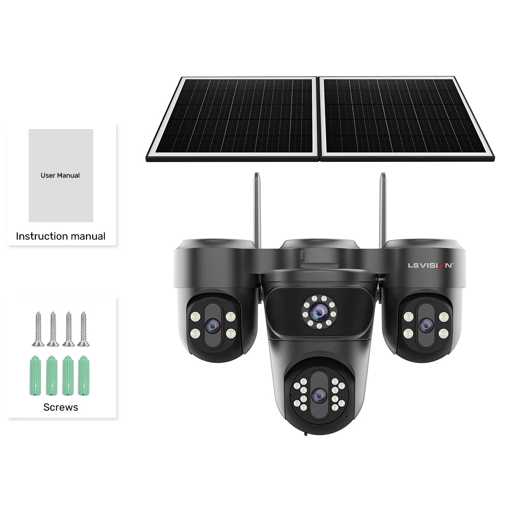 LS VISION 20MP 4 Screen 4G AOV  Solar Camera 12X Zoom 3 PTZ 360° 24/7 Video Recording  AI Humanoid Auto Tracking CCTV IP Camera