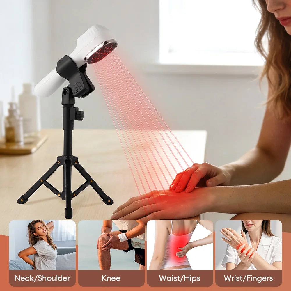 White handheld red light therapy device on a tripod, emitting infrared beams onto a hand, with body treatment examples.
