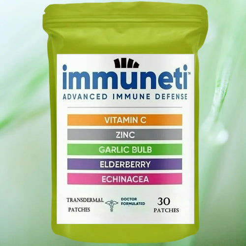 Immuneti 30-patch green supplement pack for immune support, featuring elderberry, zinc, and vitamin C.
