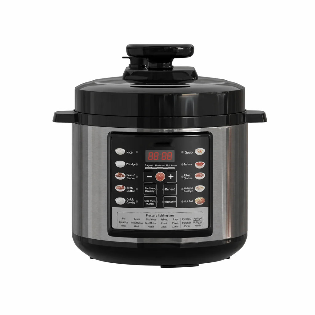 Electric pressure cooker countertop model with black lid and front menu display