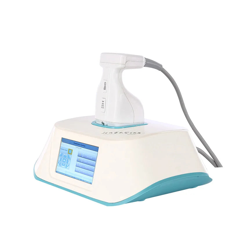Portable 576-point Liposonic slimming machine with white and teal body, touchscreen interface, and handheld applicator.