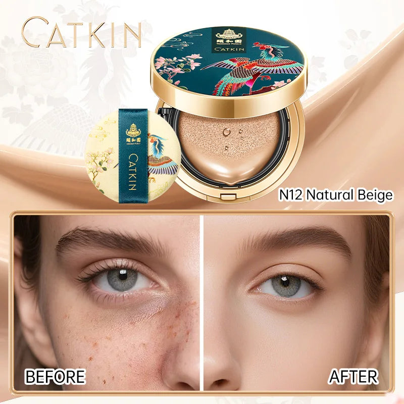 N12 Natural Beige cushion foundation in a decorative teal compact with a matching applicator puff for skin coverage.