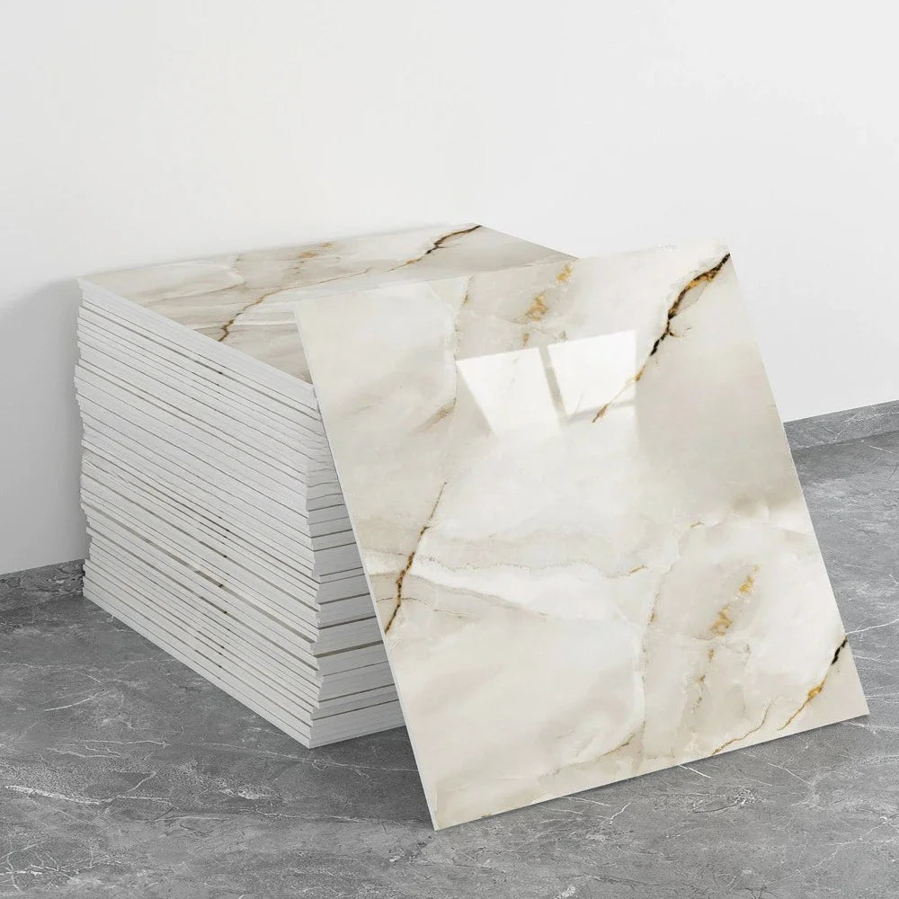 White marble 3D tile wall sticker sheets with gold veins, self-adhesive waterproof set