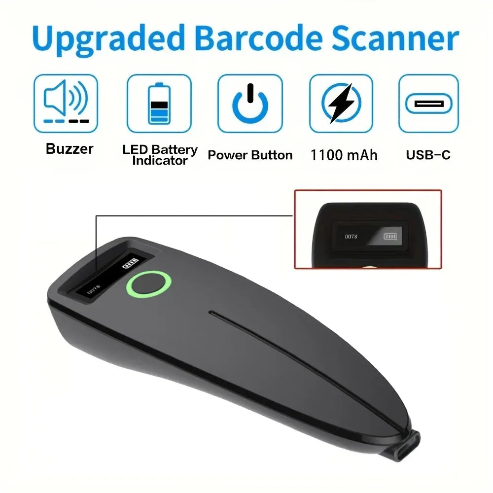 Black handheld barcode scanner with LED indicator, buzzer, power button, and USB-C port