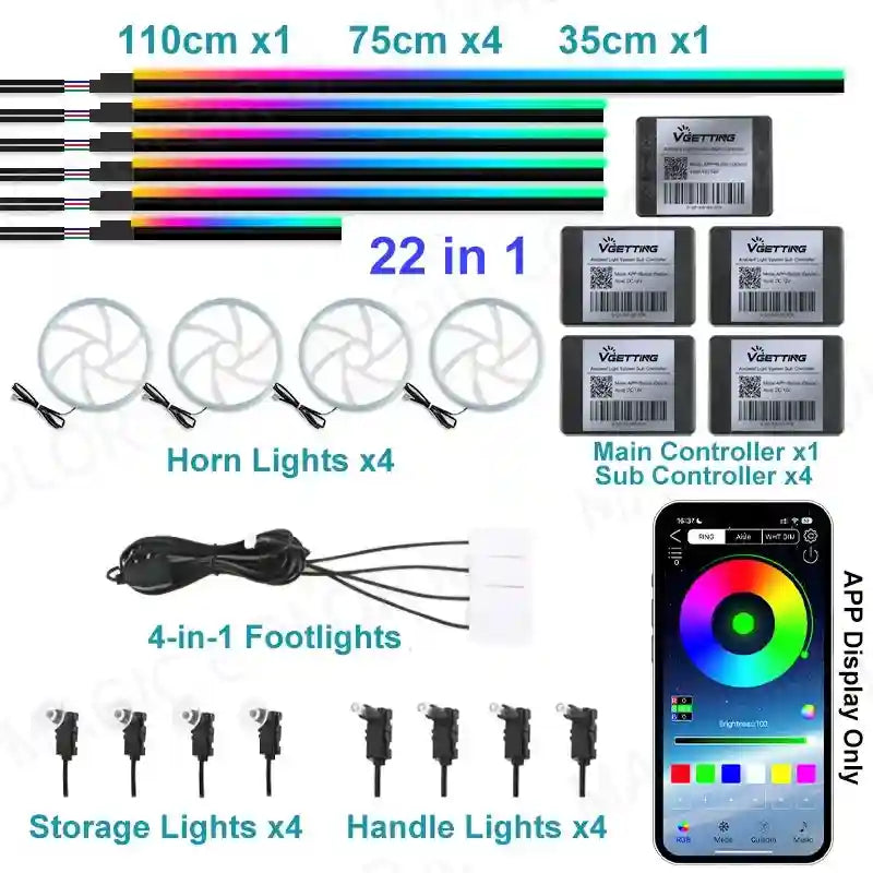 22-in-1 LED car interior ambient lighting kit with app-controlled light strips, horn, foot, storage, and handle lights.
