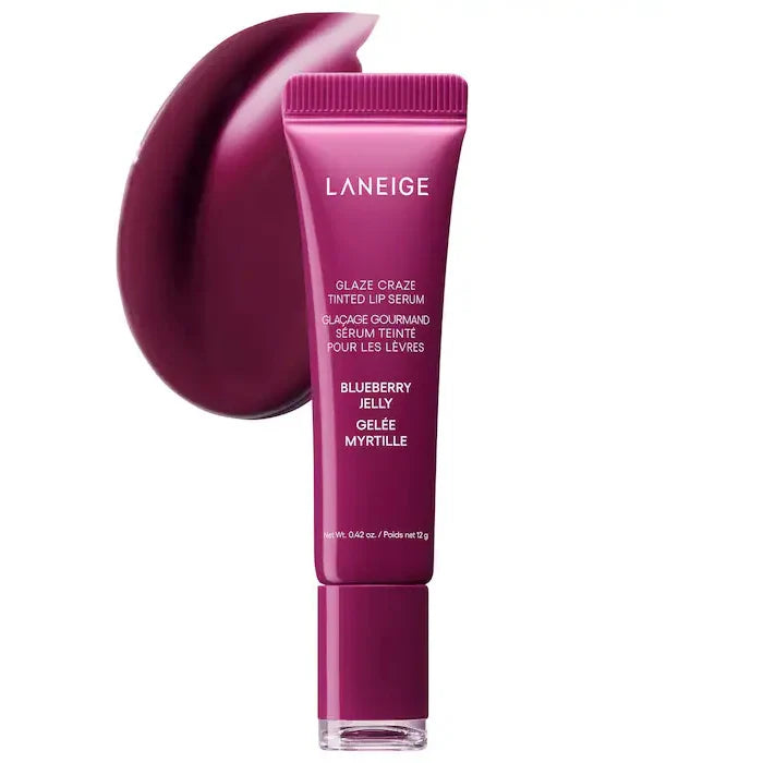 Laneige Glaze Craze Tinted Lip Serum in Blueberry Jelly. Deep berry purple gloss with a shiny, smooth texture.