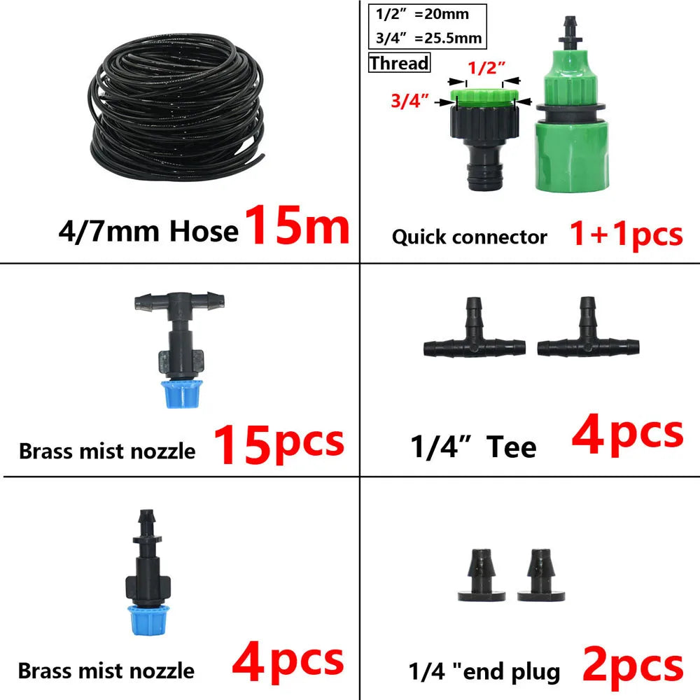 5M-30M Outdoor Misting Cooling System Garden Irrigation Watering 1/4'' Brass Atomizer Nozzles 4/7mm Hose for Patio Greenhouse