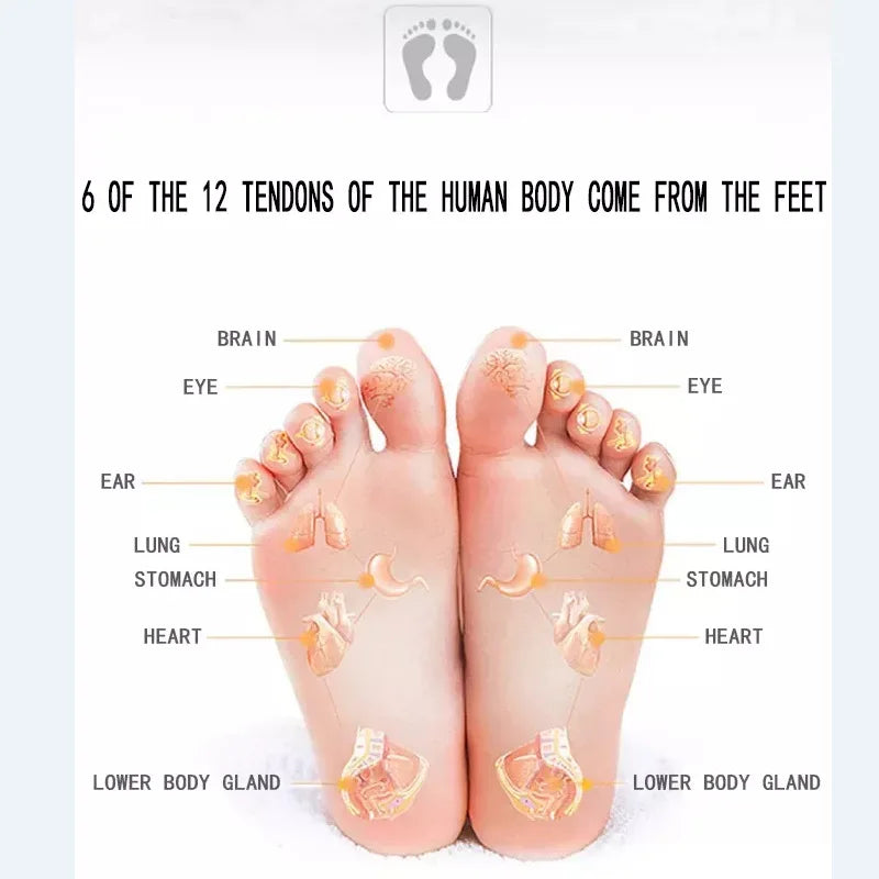 Foot reflexology chart showing EMS foot massager benefits for pain relief and improved circulation via acupoints.