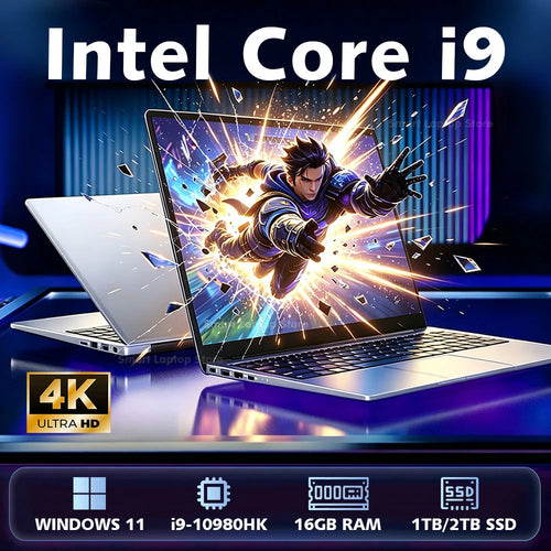 Sleek silver 14.1-inch laptop with thin bezels, side USB/HDMI ports, and an action-gaming screen display.
