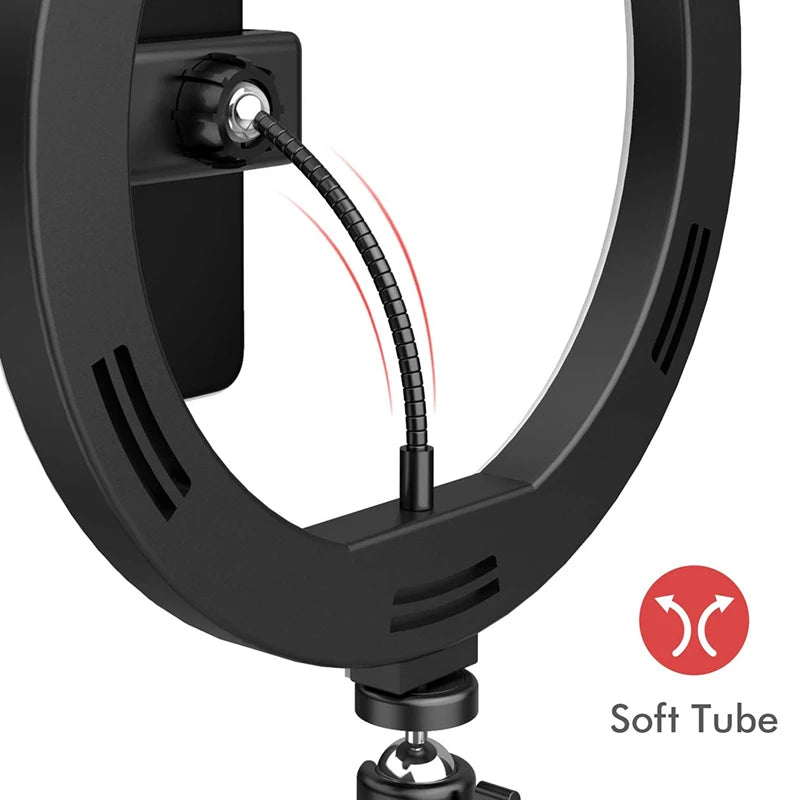 Black ring light with a flexible metal soft tube connector for adjustable phone mounting and studio lighting.