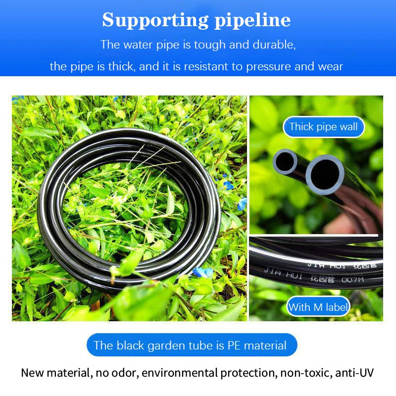 Coiled black garden irrigation tubing with fittings and hose wall connectors for sprinkler kits