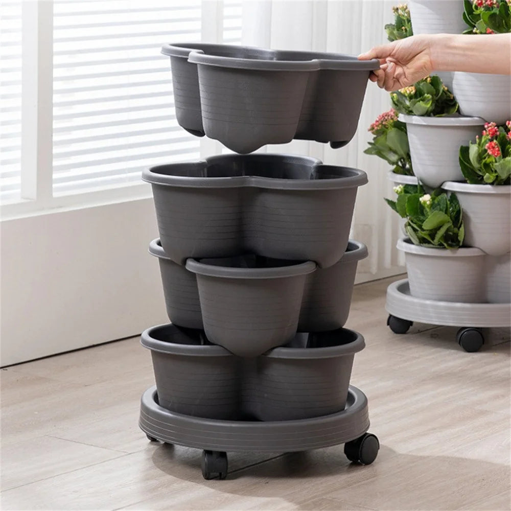 3-4-Tier Stackable 3-Petal Modular Vertical Garden Planter with Wheels Movable for Strawberries, Herbs, & Vegetables,