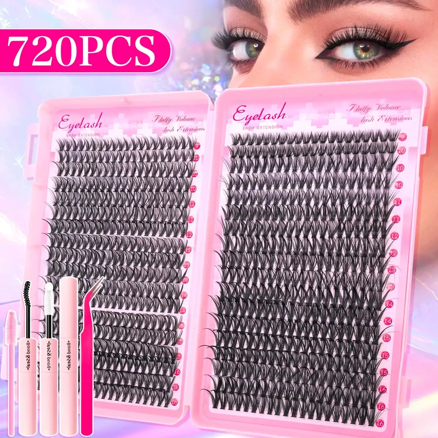 720/200pcs eyelash Extension Kit Fluffy Eyelash Extension kit with Lash Bond and Seal Lash Tweezers Thick Lash Clusters Wispy False Eyelashes Tidesmit