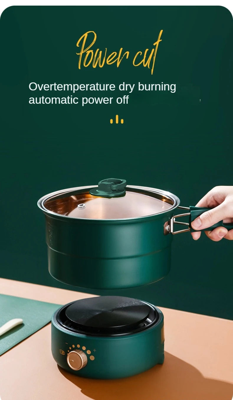 Green electric multi-cooker with lid and automatic power-off safety feature