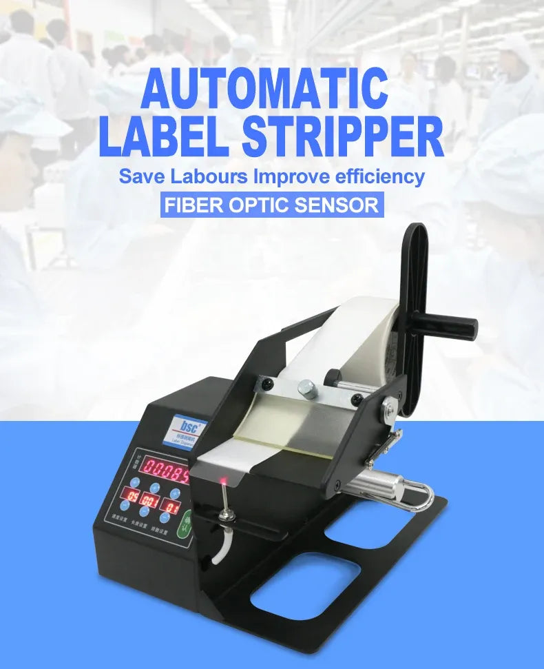Automatic label stripper machine with label feed area, sensor, and control screen
