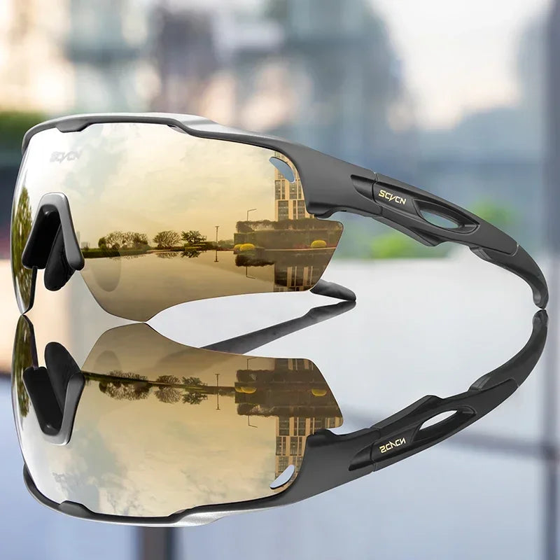 Cycling sunglasses with white frame and gold mirrored lenses