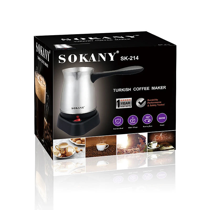 Sokany 600W stainless steel Turkish coffee maker, 500ml capacity with 360-degree rotating black base.