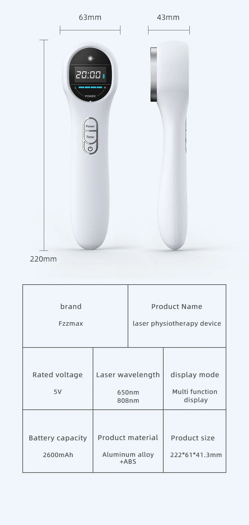 White handheld LLIT cold laser therapy device with digital display for pain relief and physical treatment.