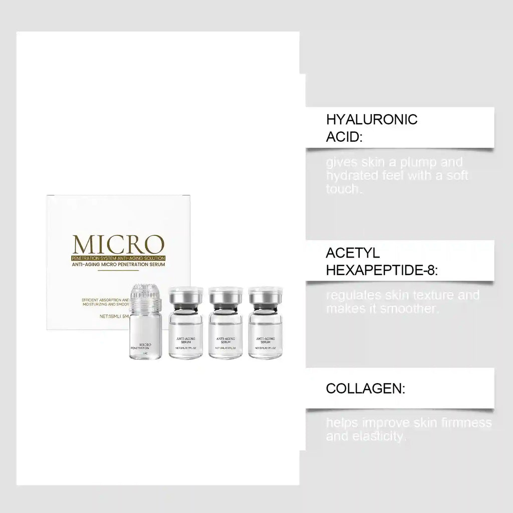 A white skincare box set with one larger bottle and three small glass vials of anti-aging serum.