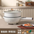 White electric cooking pot with glass lid and side vent, ready for cooking