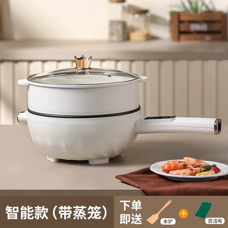 White electric cooking pot with glass lid and side vent, ready for cooking