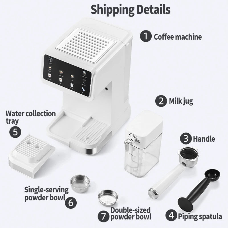 White compact espresso coffee machine with milk jug, portafilter, scoop, and powder bowls for home brewing.