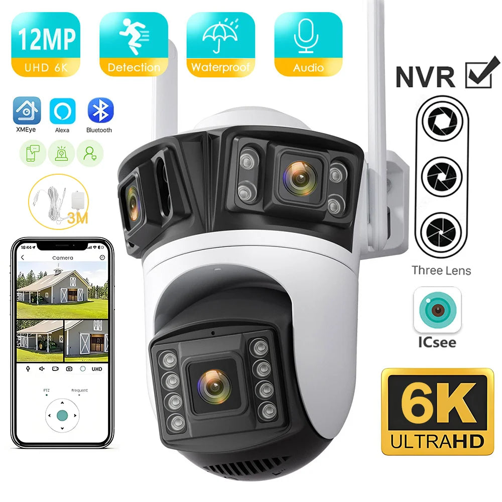 KKOREX Three Screen 6K 12MP HD WIFI IP Camera Outdoor Three Lens AI Human Detection Waterproof CCTV Video ICsee Security Camera