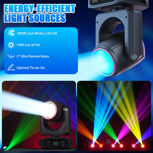 Black moving-head LED projector with glowing front lens and control panel on base