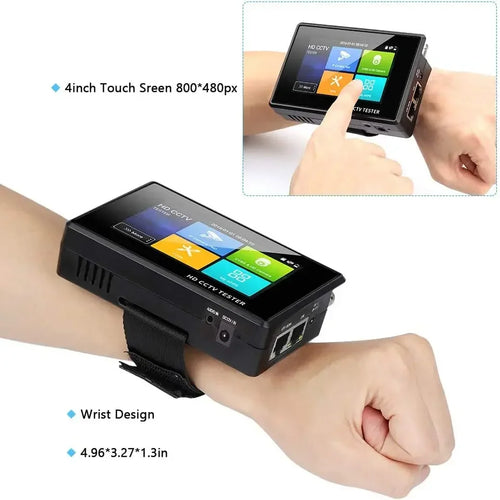 4-inch touch screen wrist CCTV tester with side ports, black housing, and a strap, shown worn on a person's wrist.