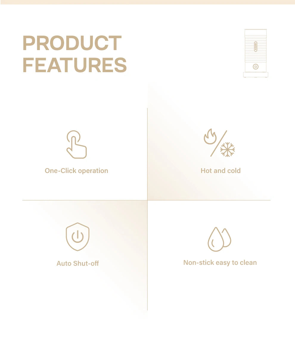 Milk frother features guide: one-click operation, hot and cold settings, auto shut-off, and non-stick easy clean.