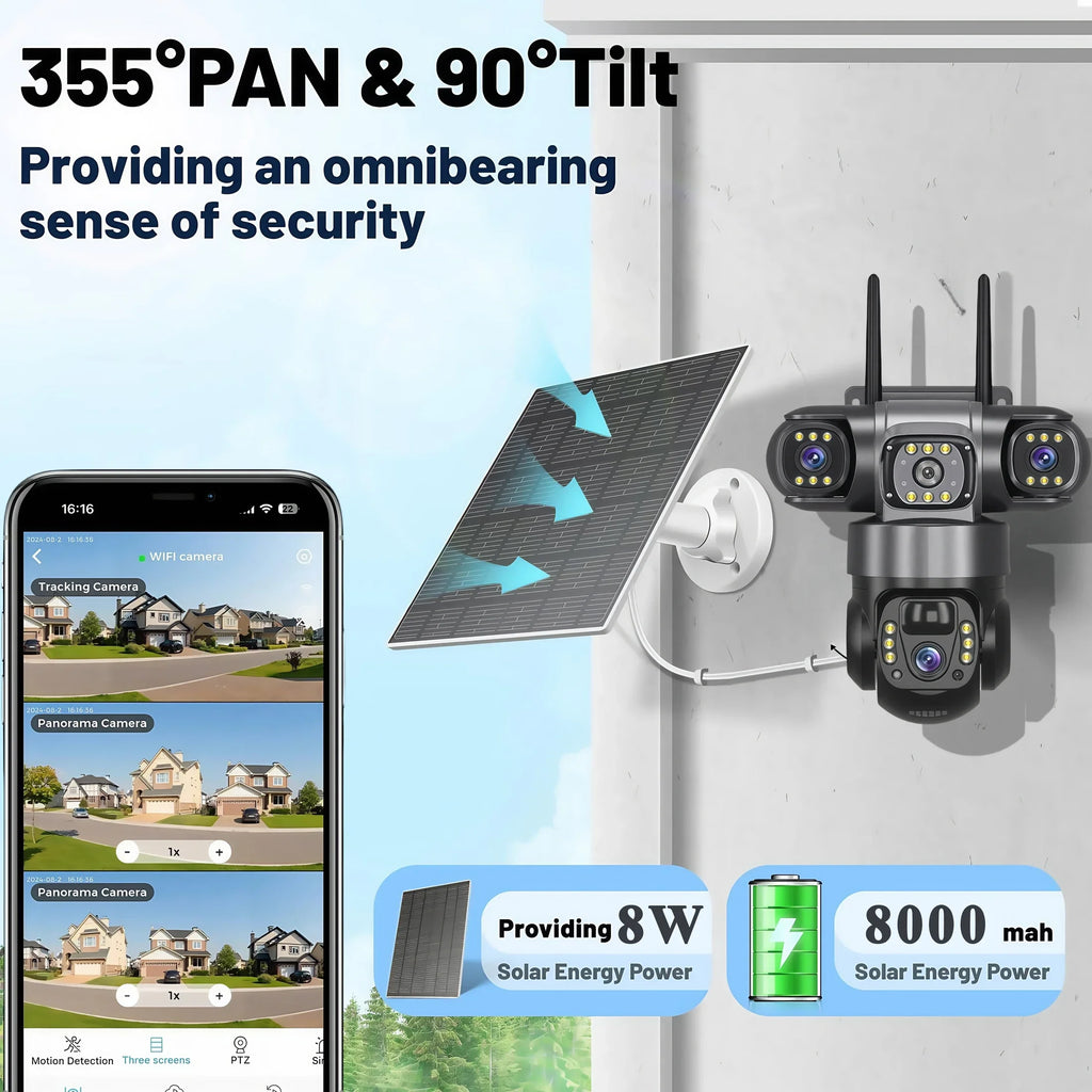 8K HD Solar Security Camera WiFi Wireless Outdoor Dual Lens Solar IP Camera PIR Human Detection Night Vision Battery CCTV Camera
