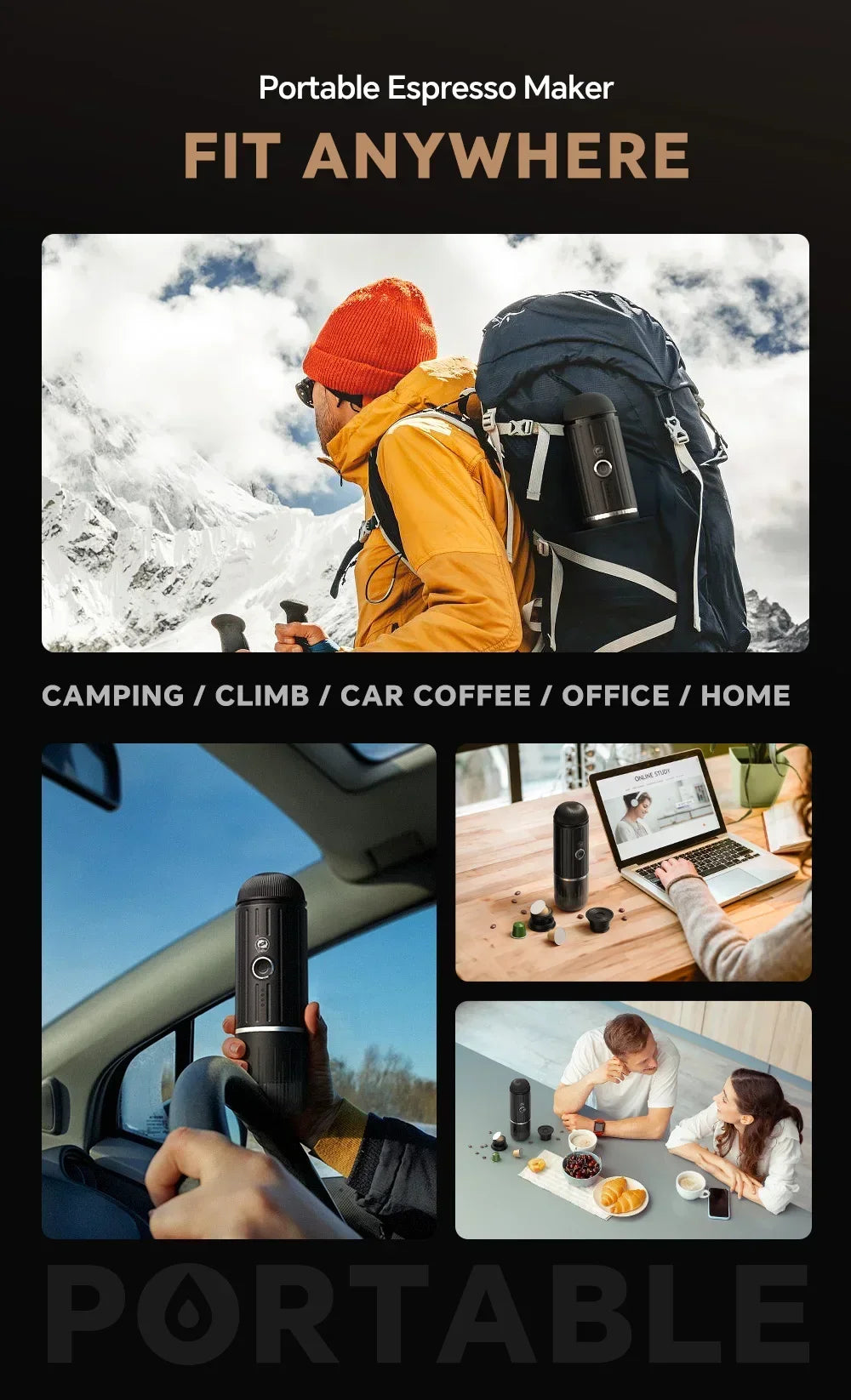 Black portable espresso maker in travel-friendly, compact design for camping, car, office, or home use.