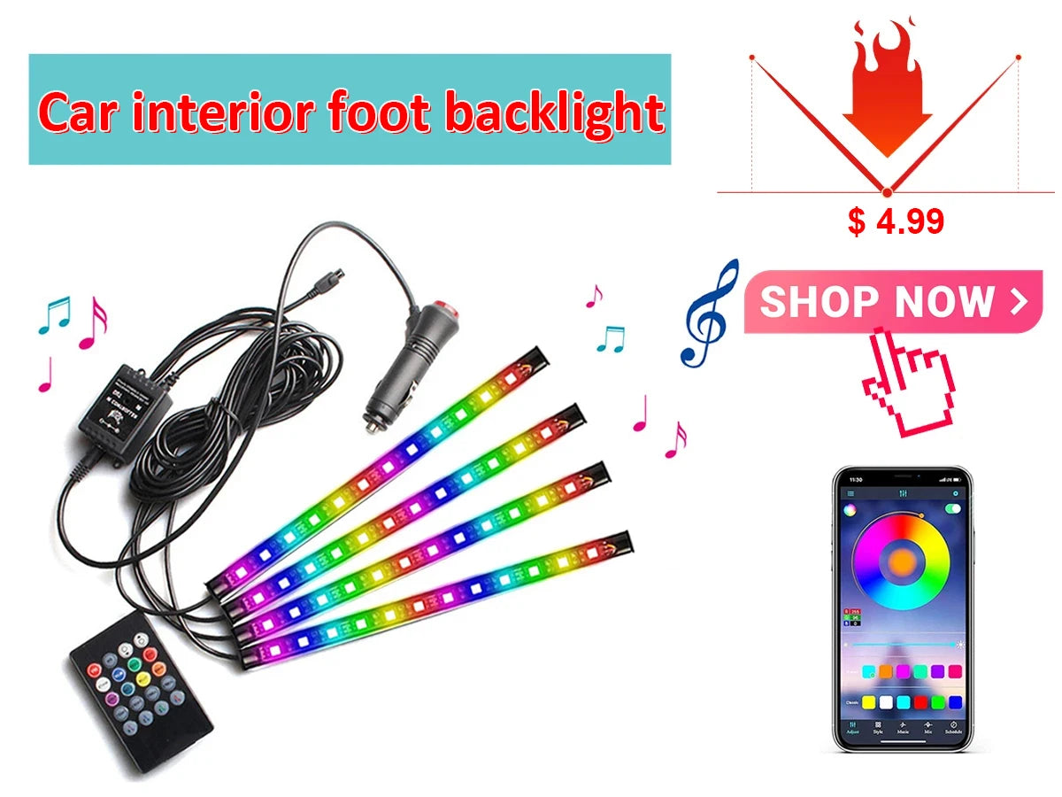 LED Car Interior Ambient Lighting Kit with RGB Smartphone Control Tidesmit