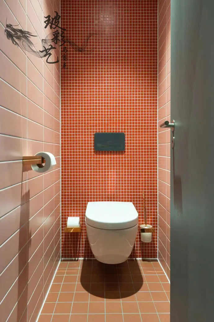 Ceramic mosaic bathroom wall tiles in dark brown square grid pattern.
