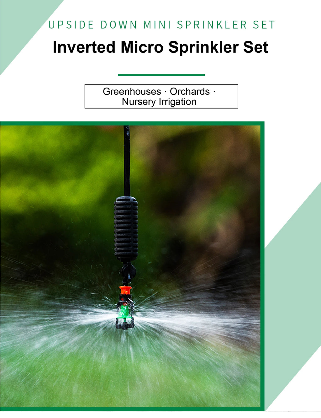 Inverted micro sprinkler set with hanging nozzle spraying mist over plants