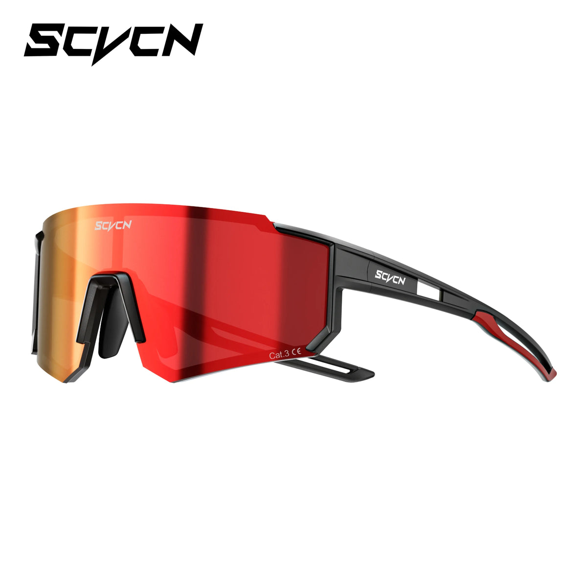 Cycling sport sunglasses with red mirrored lens and black frame, wraparound design