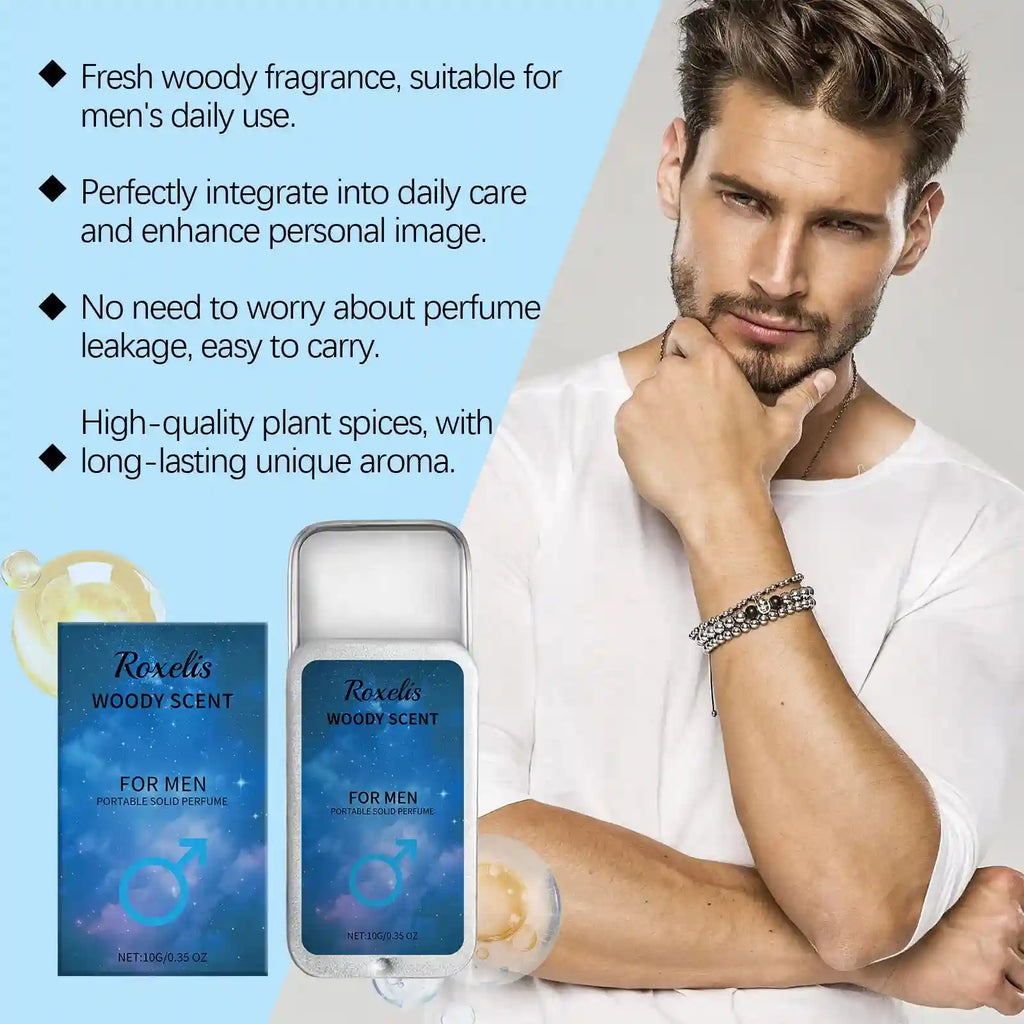 Roxelis Woody Scent solid perfume for men in a portable, pocket-sized metal balm tin. Long-lasting natural woody aroma.