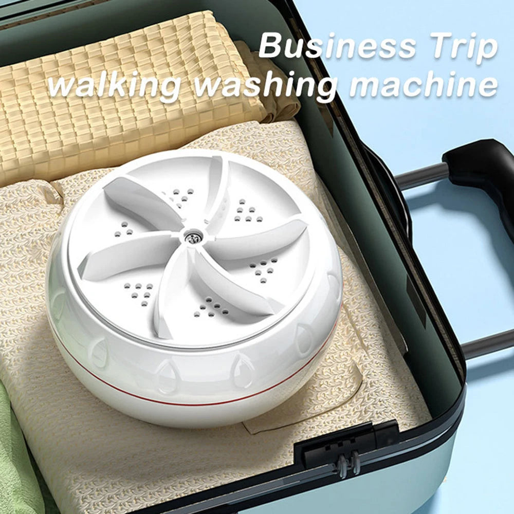Tidesmit portable USB turbo washing machine showing ultrasonic cleaning technology for laundry and dishes travel use