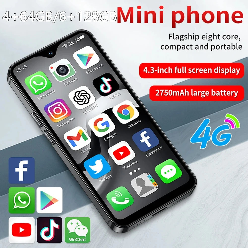 SOYES F9 Max mini 4G smartphone, black, 4.3-inch screen, octa-core Android 12, 6GB RAM, 128GB storage, 2750mAh battery.