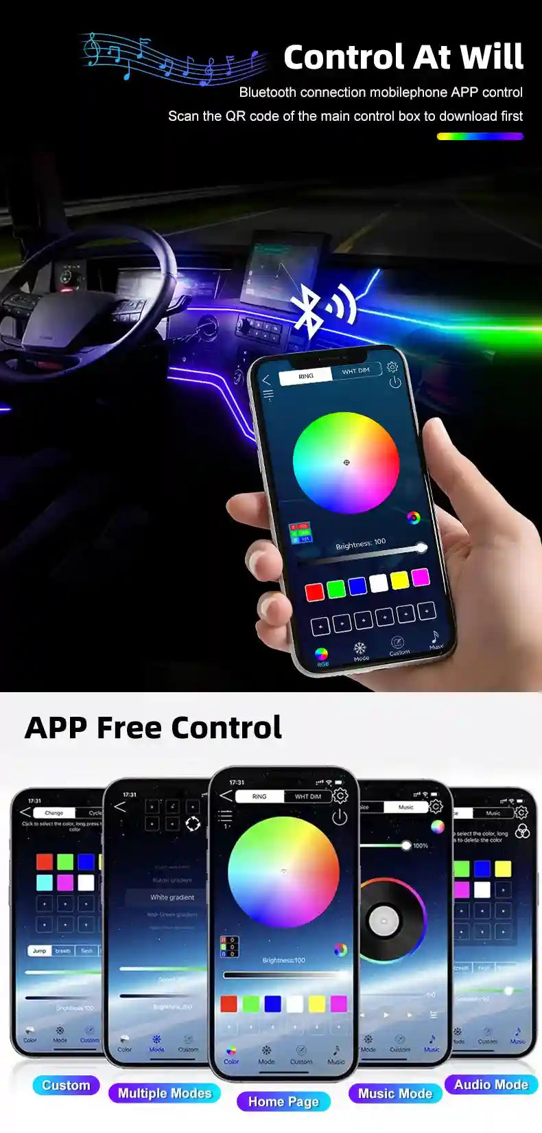 LED Car Ambient Lights: 10-in-1 RGB Bluetooth App-Controlled Interior Kit Tidesmit