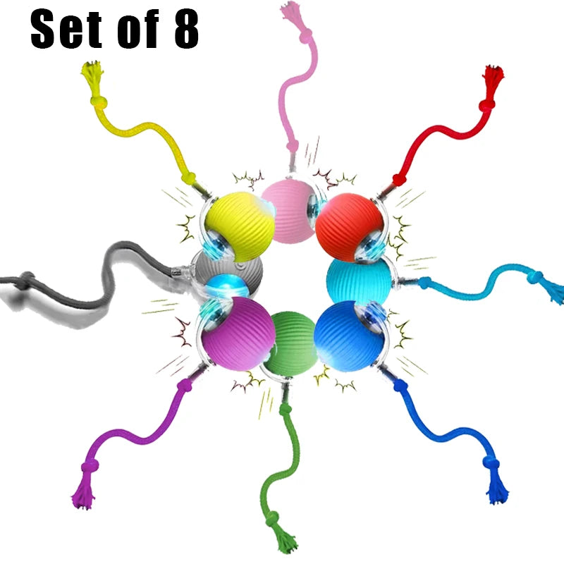 Set of 8 colorful, rechargeable smart interactive balls for cats and dogs to encourage active play and exercise.