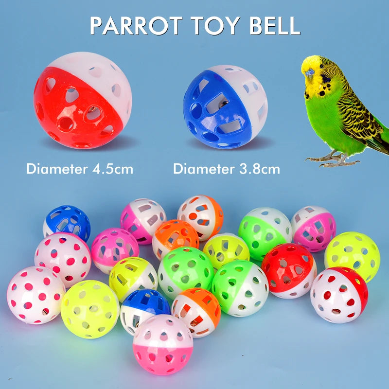 10pcs colorful hollow plastic bell balls for pet parrots, parakeets, and cockatiels. Fun interactive bird cage toys.